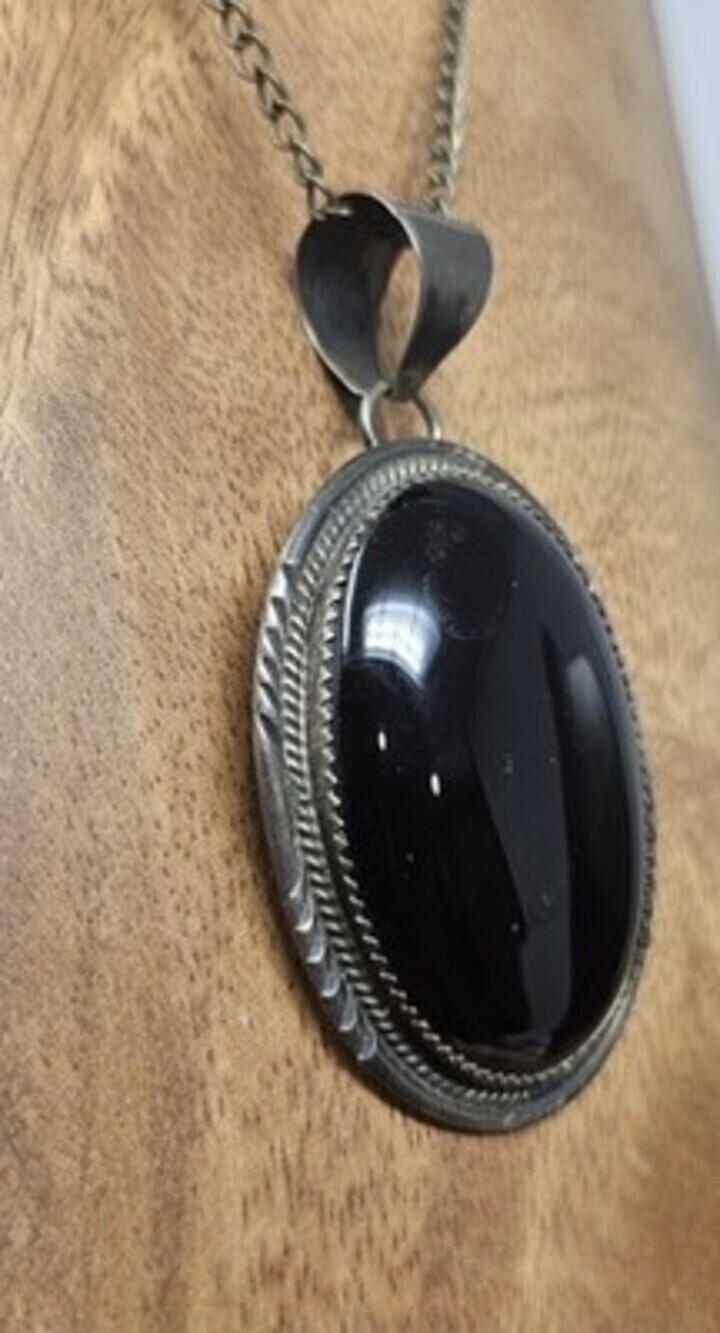 HL Herman Lee Navajo Vintage Sterling Silver Pendant Black Onyx Cabochon Large - Picture 4 of 9